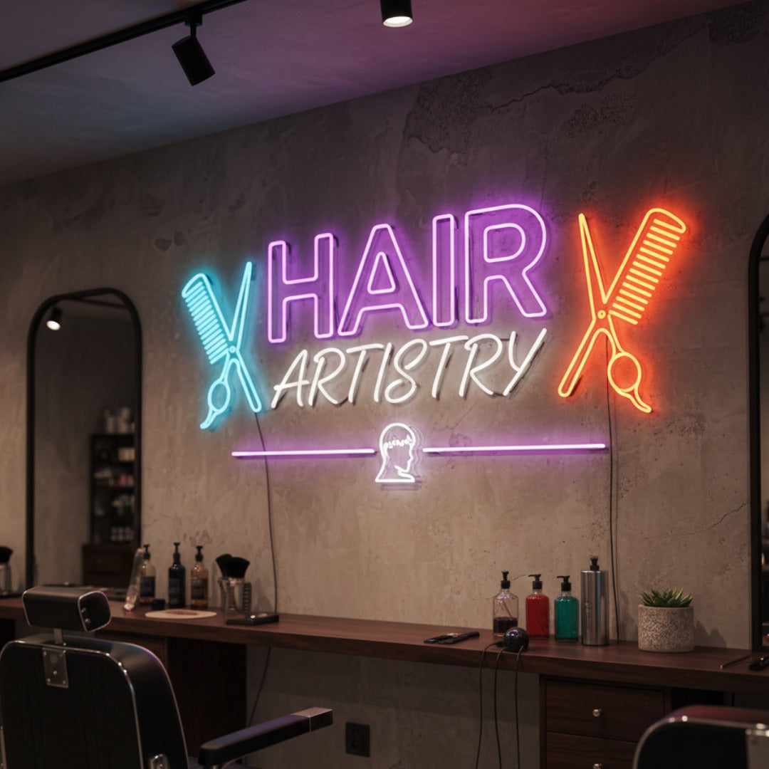 Parturi & kampaamo neon-kyltti